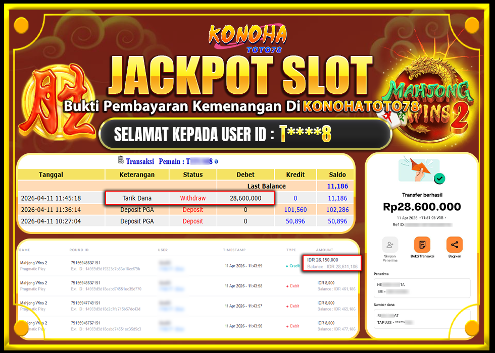 KONOHATOTO78 JACKPOT MAHJONG WINS 2 Rp.28.600.000,- LUNAS